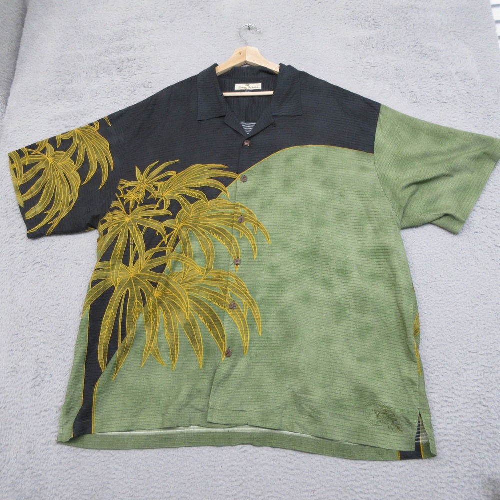Tommy Bahama Silk Blend Shirt Men XXL Green Black Palmtree Resort Coast Tropical